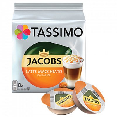 Капсулы для кофемашин TASSIMO JACOBS «Latte Macchiato Caramel», натуральный кофе 8 шт. х 8 г, молочные капсулы 8 шт. х 52 г