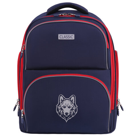 Рюкзак BRAUBERG CLASSIC, легкий каркас, премиум материал, «Wild wolf», синий, 37×32х21 см