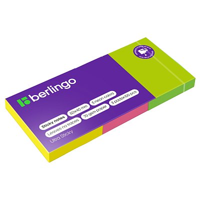 Самоклеящийся блок Berlingo «Ultra Sticky», 50×40 мм, 3 блока по 100л, 3 неоновых цвета