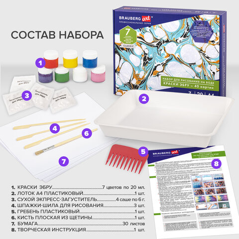 ЭБРУ набор для рисования на воде 7 цветов х 20 мл (40 картин)лоток А4BRAUBERG ART664881