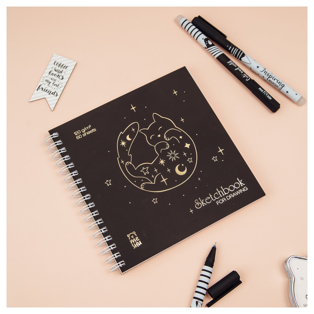 превью Скетчбук 60л., 150×150 MESHU «Black Cat», на гребне, отд. фольгой, soft-touch, 120г/м2