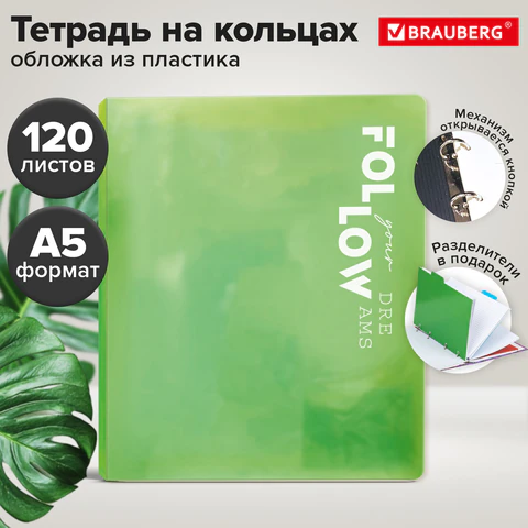 Тетрадь на кольцах А5, 175×220 мм, 120 л., пластик, разделители, BRAUBERG, САЛАТОВЫЙ