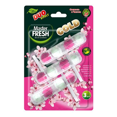 Блок туалетный подвесной твердый 3 шт. x 50 г, MASTER FRESH GOLD DUO EFFECT 5 в 1 «Сакура»