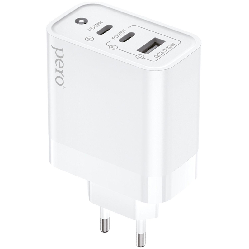 Зарядное устройство сетевое PERO TC17 USB-A QC 3.0 + 2х USB-C PD, 65W белый