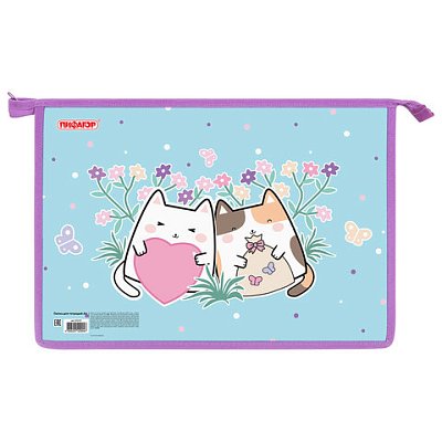 Папка для тетрадей ПИФАГОР А4, 1 отделение, картон/пластик, на молнии, «Cat friends»
