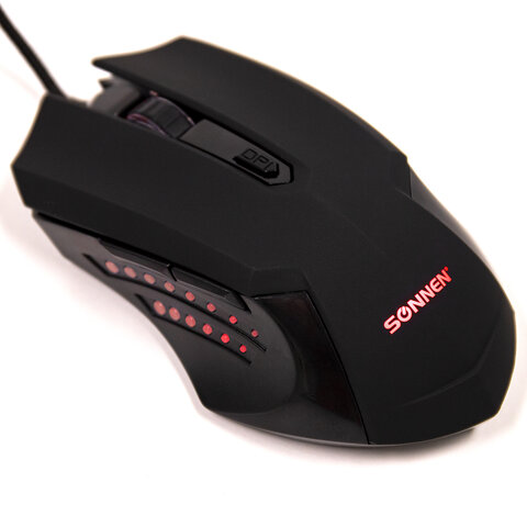 Мышь проводная игровая SONNEN I3, пластик, 6 кнопок, 800-2400 dpi, LED-подсветка, черная