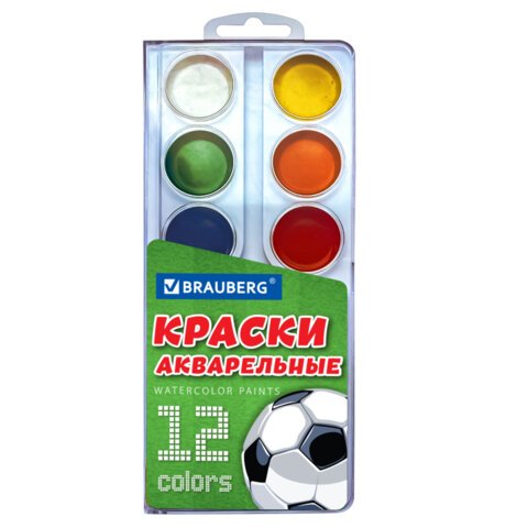 Краски акварельные BRAUBERG 12 цветов «Футбол», медовые, круглые кюветы