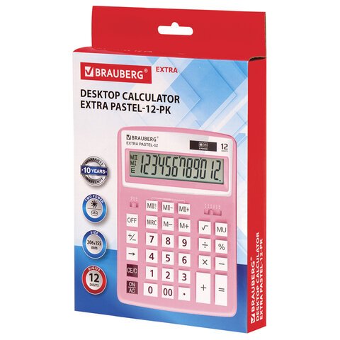 Калькулятор настольный BRAUBERG EXTRA PASTEL-12-PK (206×155 мм), 12 разрядов, двойное питание, РОЗОВЫЙ