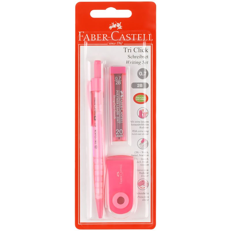Карандаш механический Faber-Castell «Tri Click», 2B, 0.7мм, с ласт+грифели 20шт, 0.7мм+ластик «Sleeve Mini», прям, 54×25×13мм, пласт. фут, голуб, блист