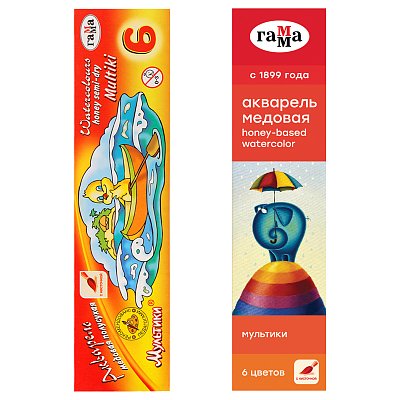 Краски акварельные ГАММА «Мультики», 6 цветов, медовые, с кистью, картонная коробка
