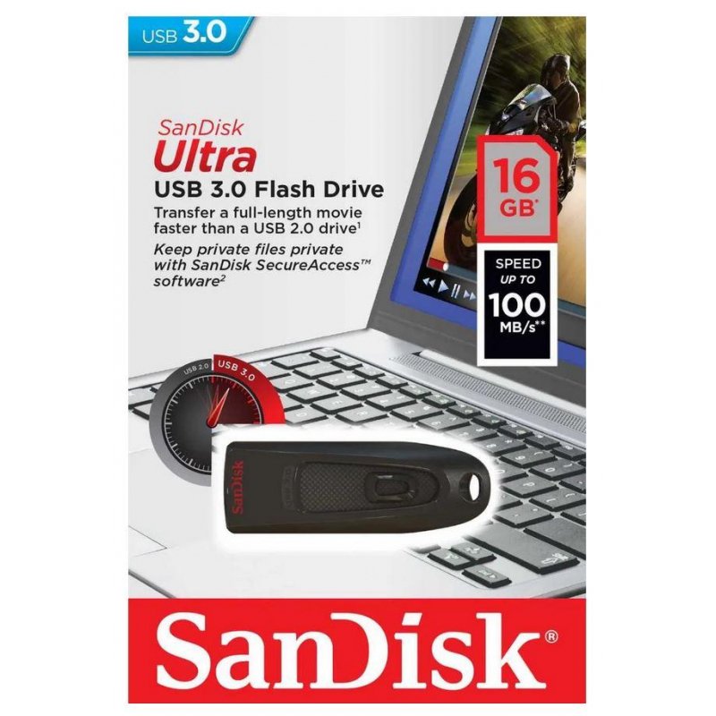 Флэш-диск SANDISK, 16 GB, Ultra, USB 3.0, скорость чтения/ записи - до 100/100 Мб/сек.