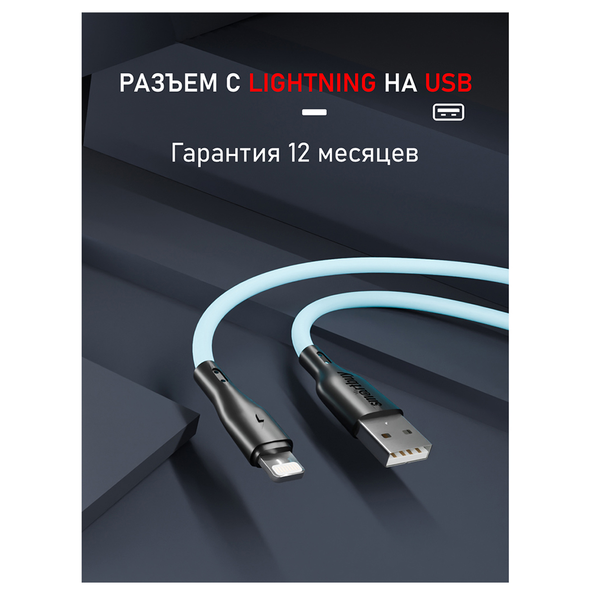 Кабель Smartbuy S21, USB - Lightning, для Apple, резиновая оплетка, 2.4A output, 1м, синий