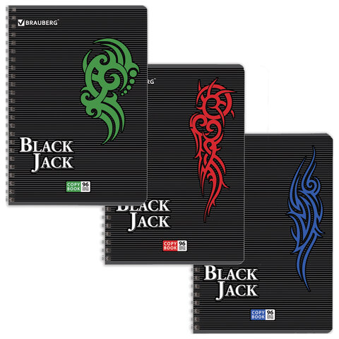 превью Тетрадь 96 л., А4, BRAUBERG ЭКО, гребень, клетка, выборочный лак, "Black Jack", 3 вида