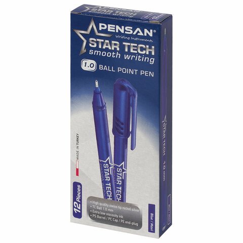 Ручка шариковая масляная PENSAN Star Tech, СИНЯЯ, игольчатый узел 1 мм, линия 0.8 мм, 2260/12