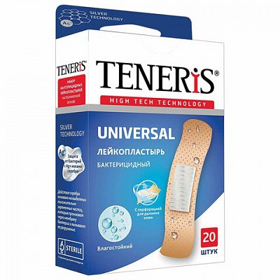 Набор пластырей 20 шт. TENERIS UNIVERSAL универсальный на полимерной основе, бактерицидный с ионами серебра, коробка с европодвесом