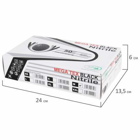 Перчатки нитриловые сверхпрочные с текстурой SFM MEGA TEX BLACK 25 пар (50 штук)размер M (средний)