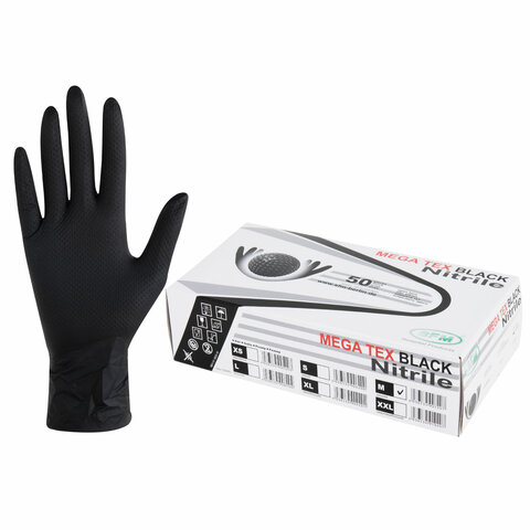 превью Перчатки нитриловые сверхпрочные с текстурой SFM MEGA TEX BLACK 25 пар (50 штук)размер M (средний)