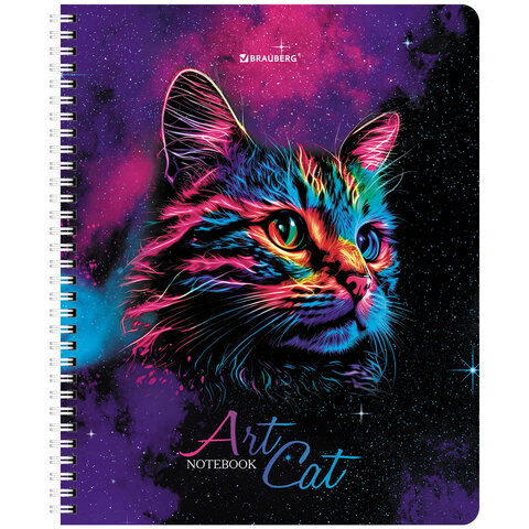 Тетради ДЭК А5 48 л. КОМПЛЕКТ 4 шт., BRAUBERG, гребень, клетка, TWIN лак, «Neon Cats»