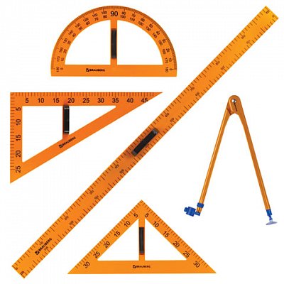 Набор чертежный BRAUBERG для классной доски: 2 треугольника, транспортир, циркуль, линейка 100 см