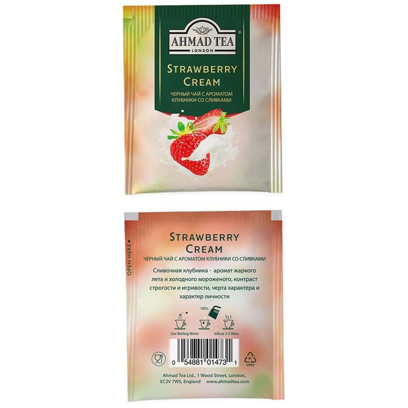 Чай Ahmad Tea «Strawberry Cream», черный, с аром. клубники со сливками, 25 фольг. пакетиков по 1.5г