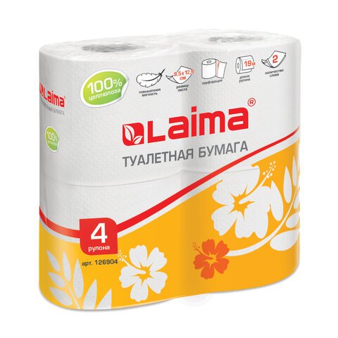 Бумага туалетная ЛАЙМА, 2-х слойная, спайка 4 шт. х 19 м, белая