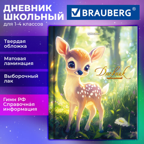 Дневник 1-4 класс 48 л., твердый, BRAUBERG, выборочный лак, с подсказом, «Оленёнок»