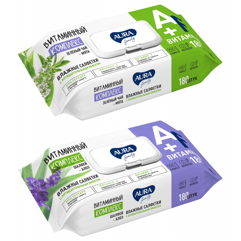  салфетки антибактериальные Aura Family 180 штук в упаковке арт .