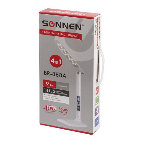 Светильник настольный SONNEN BR-888A, на подставке, светодиодный, 9 Вт, часы, календарь, термометр, белый
