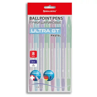 Ручки шариковые с грипом BRAUBERG «ULTRA GT PASTEL», НАБОР 8 ШТУК, СИНИЕ, узел 0.7 мм, линия 0.35 мм