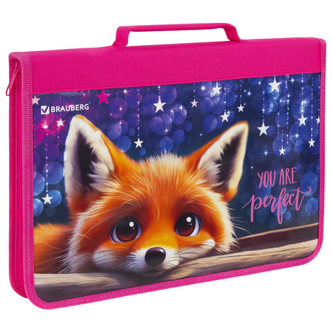Папка на молнии BRAUBERG А4 с ручкой, с органайзером, 1 отделение, «Cute fox»