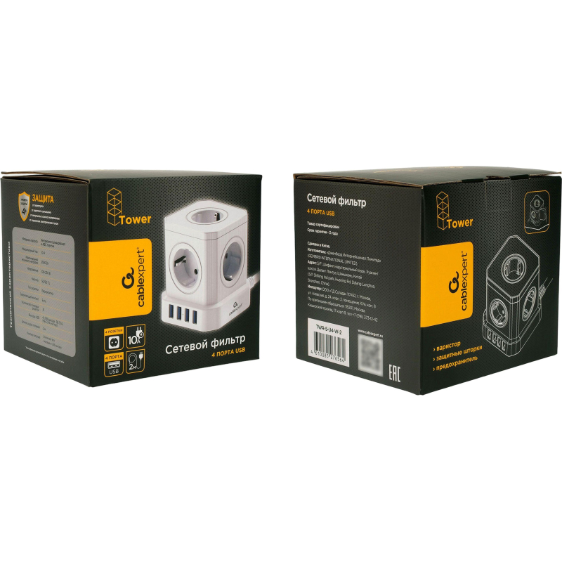 Сетевой фильтр Cablexpert Tower 5р/3м, 10А, 4хUSB, белый(TWR-5-U4-W-3)