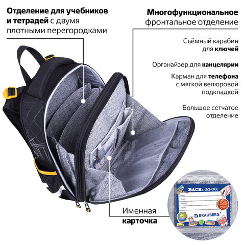 Ранец BRAUBERG PREMIUM, 2 отделения, с брелком, «Venomous spider», 3D панель, 38×29х16 см