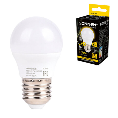 превью Лампа светодиодная SONNEN EXTRA, 7 (60) Вт, E27, шар, теплый белый, 30000 ч, LED G45-7W-2700-Е27