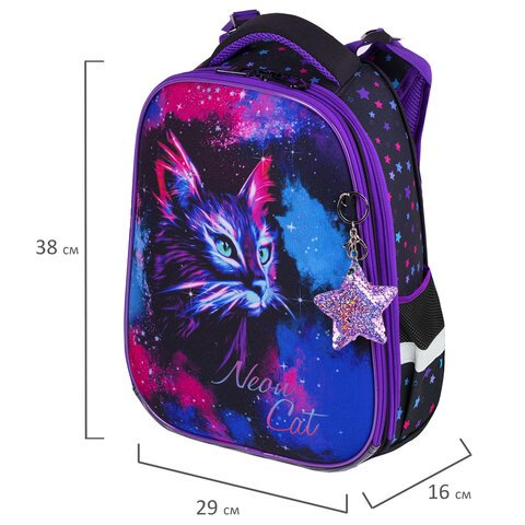 Ранец BRAUBERG PREMIUM, 2 отделения, с брелком, «Neon cat», 38×29х16 см