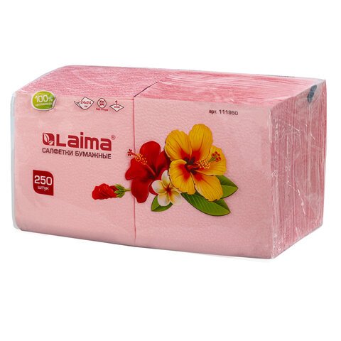 превью Салфетки бумажные, 250 шт., 24×24 см, ЛАЙМА, красные (пастель), 100% целлюлоза