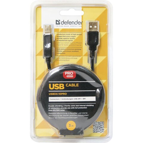 Кабель USB 2.0 AM-BM, 3 м, DEFENDER, 2 фильтра, для подключения принтеров, МФУ и периферии