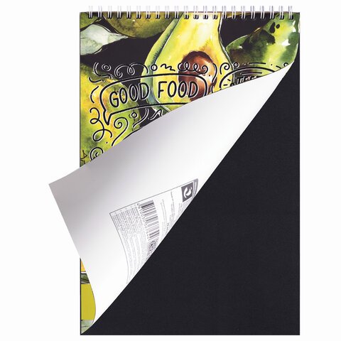 Скетчбук, черная бумага 120 г/м2, 195×300 мм, 30 л., гребень, SoftTouch, выборочный лак, «Авокадо»