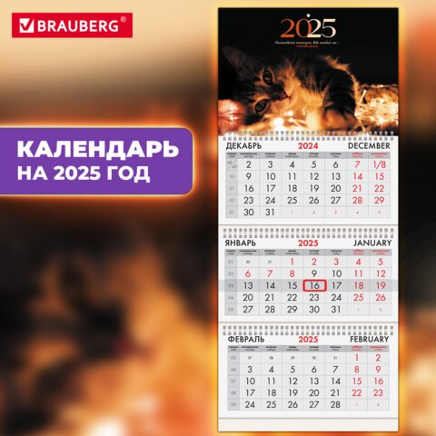 превью Календарь квартальный на 2025 г., 3 блока, 3 гребня, с бегунком, офсет, BRAUBERG, «Милый котик»