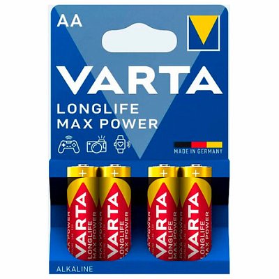 Батарейки алкалиновые «пальчиковые» КОМПЛЕКТ 4 шт., VARTA LONGLIFE MAX POWER, АА (LR6, 24А), блистер