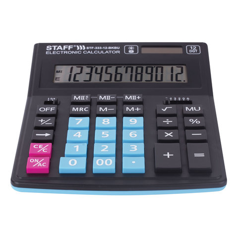 Калькулятор настольный STAFF PLUS STF-333-BKBU ( 200×154 мм) 12 разрядов, ЧЕРНО-СИНИЙ, 250461