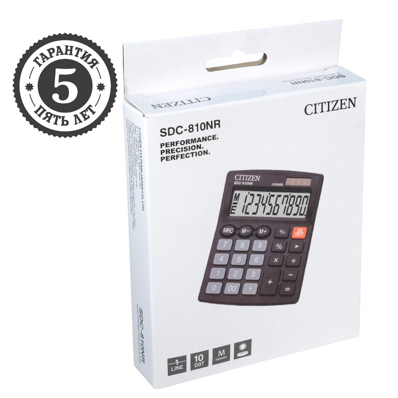 Калькулятор настольный Citizen SDC-810NR, 10 разрядов, двойное питание, 102×124×25мм, черный
