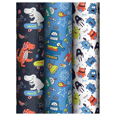 Упаковочная бумага глянц. 70×100см, MESHU «Monsters», 80 г/м2, ассорти, 3 дизайна