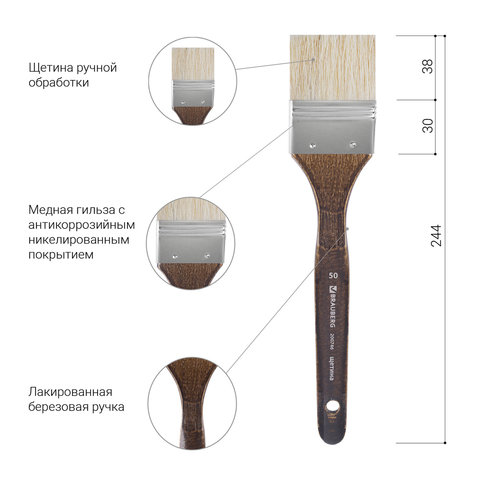 Кисть художественная профессиональная BRAUBERG ART «CLASSIC», щетина, флейц, № 50, короткая ручка