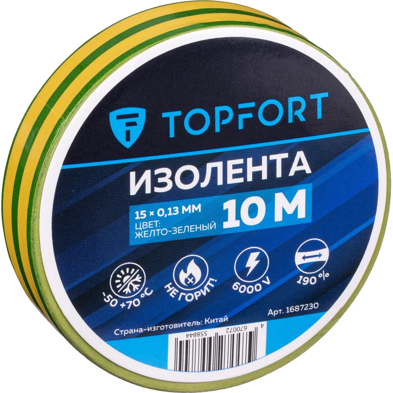 превью Изолента TOPFORT ПВХ 15 мм x 10 м жёлтая/зелёная (1687230)