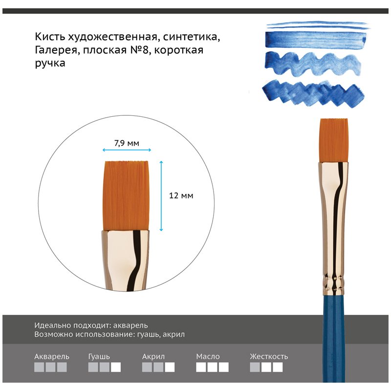 Кисть художественная синтетика Гамма «Галерея», плоская №8, короткая ручка