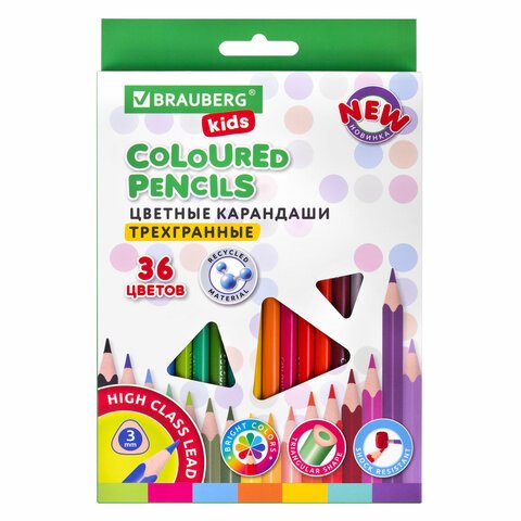 Карандаши цветные BRAUBERG KIDS NEW, 36 цветов, трехгранные, грифель 3 мм