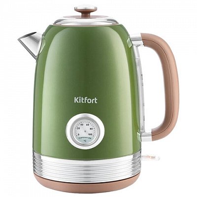 Чайник KITFORT КТ-6110, 1.7 л, 2200 Вт, закрытый нагревательный элемент, сталь, зеленый/бежевый