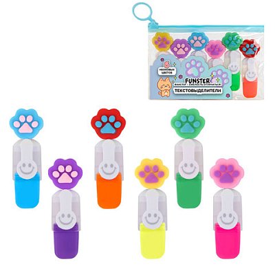 Набор текстовыделителей с топперами 6 ЦВЕТОВ НЕОН, «ЛАПКИ», линия 1-4 мм, FUNSTER (ФАНСТЕР)