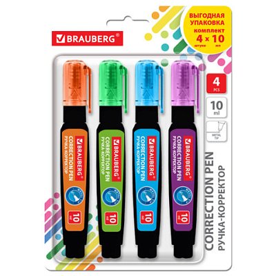 Ручка-корректор 10 мл, ВЫГОДНАЯ УПАКОВКА, КОМПЛЕКТ 4 штуки, BRAUBERG «ULTRA COLOR», металлический наконечник