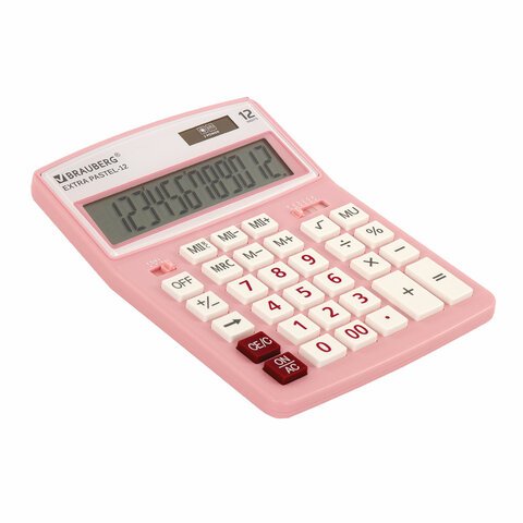 Калькулятор настольный BRAUBERG EXTRA PASTEL-12-PK (206×155 мм), 12 разрядов, двойное питание, РОЗОВЫЙ